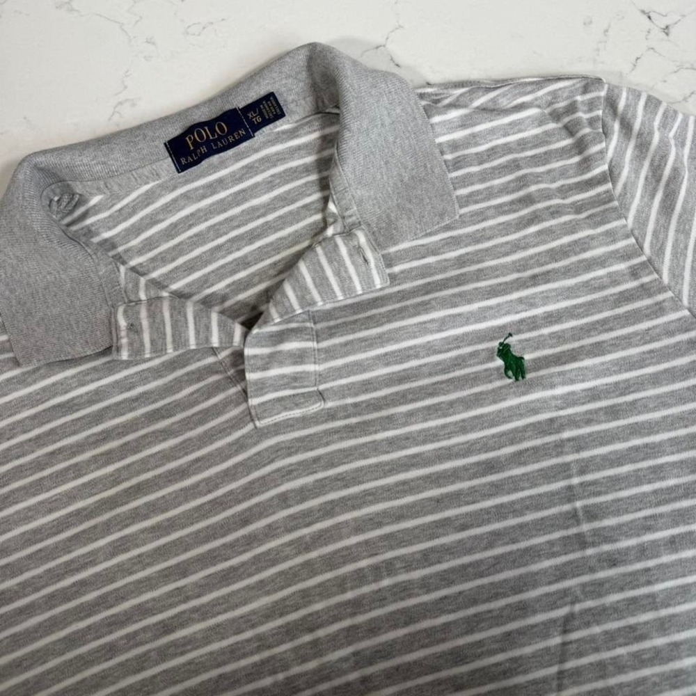 Polo Ralph Lauren Men's Gray White Striped Polo Shirt‎ XL Green Pony Logo Golf